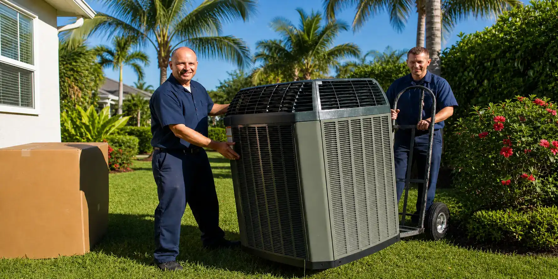 AC tech installing an outdoor AC condenser.