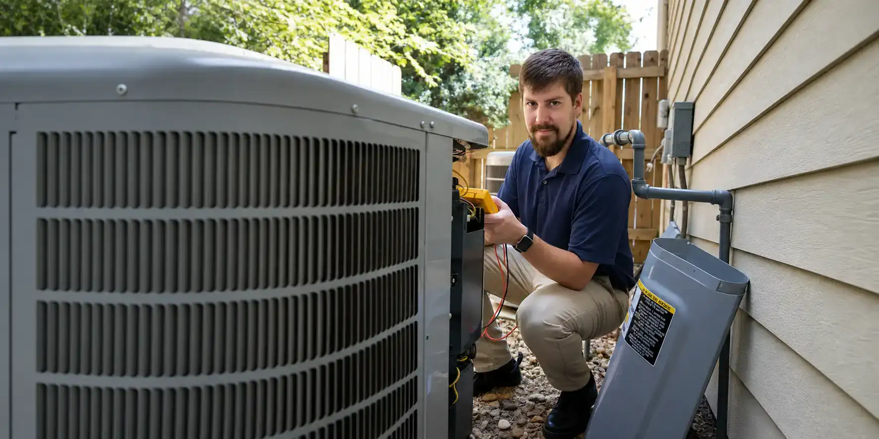 AC tech servicing an outdoor AC condenser.