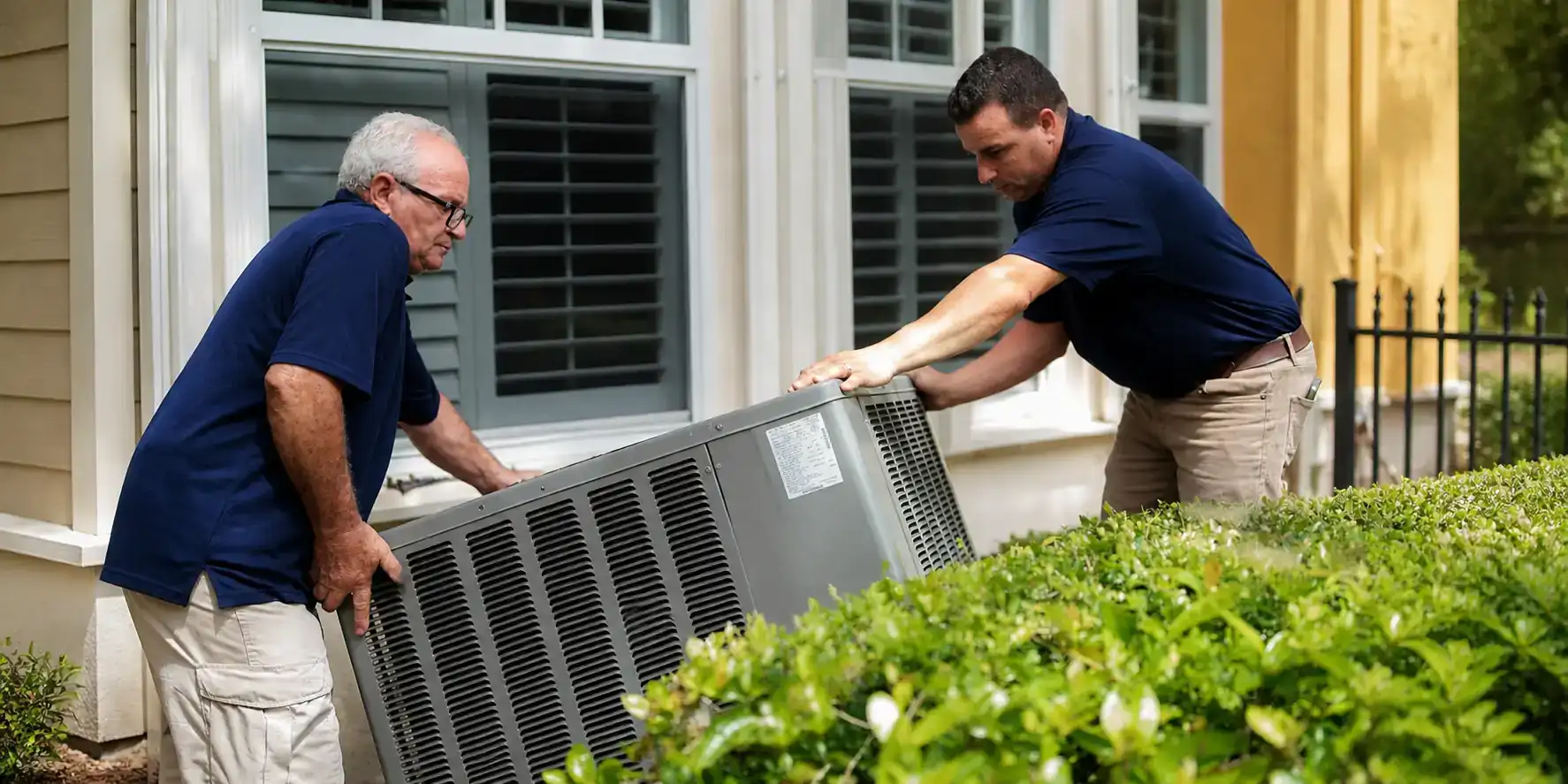 Two AC techs removing an old outdoor condenser.