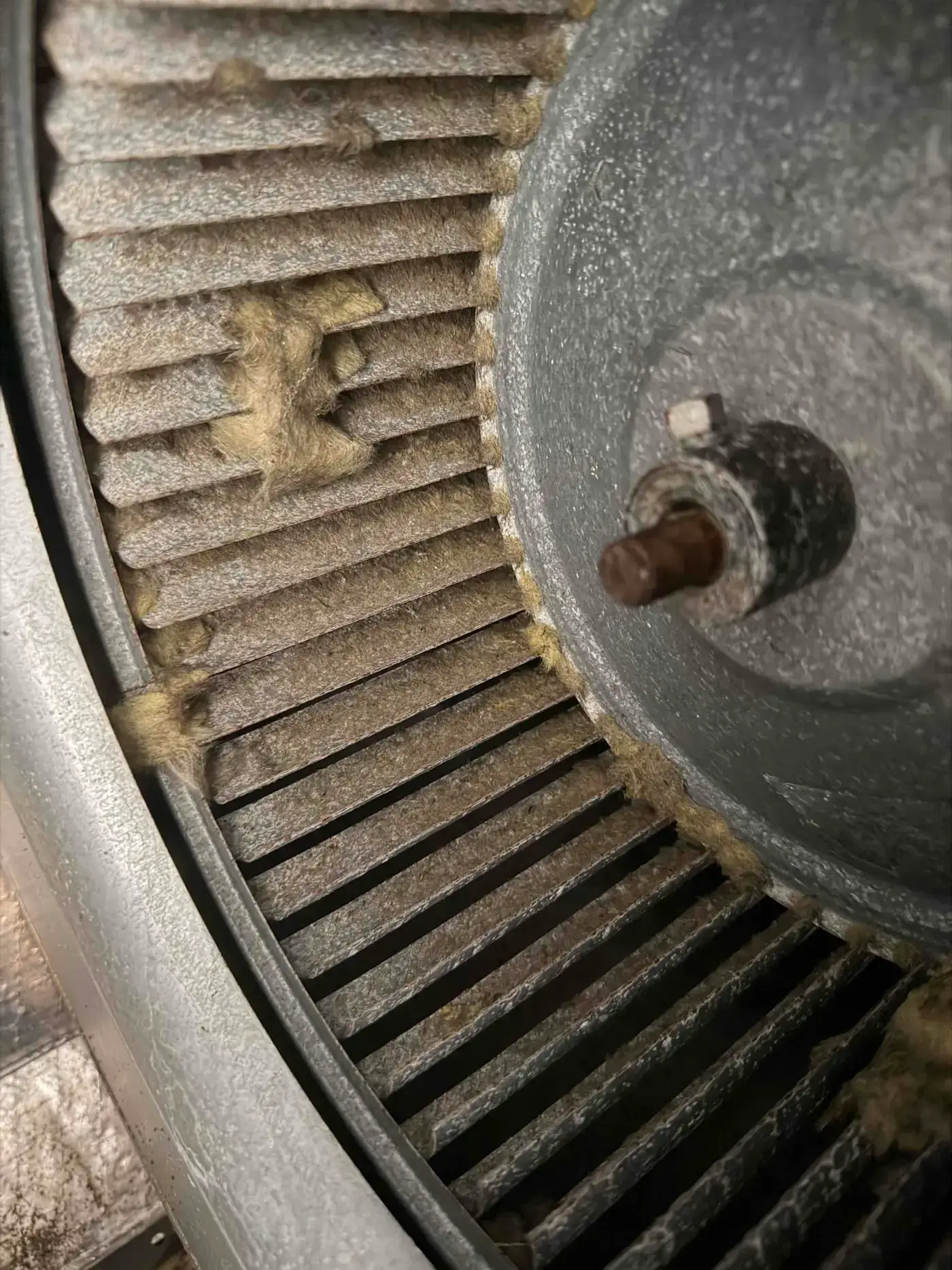 Heavily fouled blower wheel inside a residential air handler, blades packed with dust and insulation fiber, during a Liberty Air and Electric service call in Florida.
