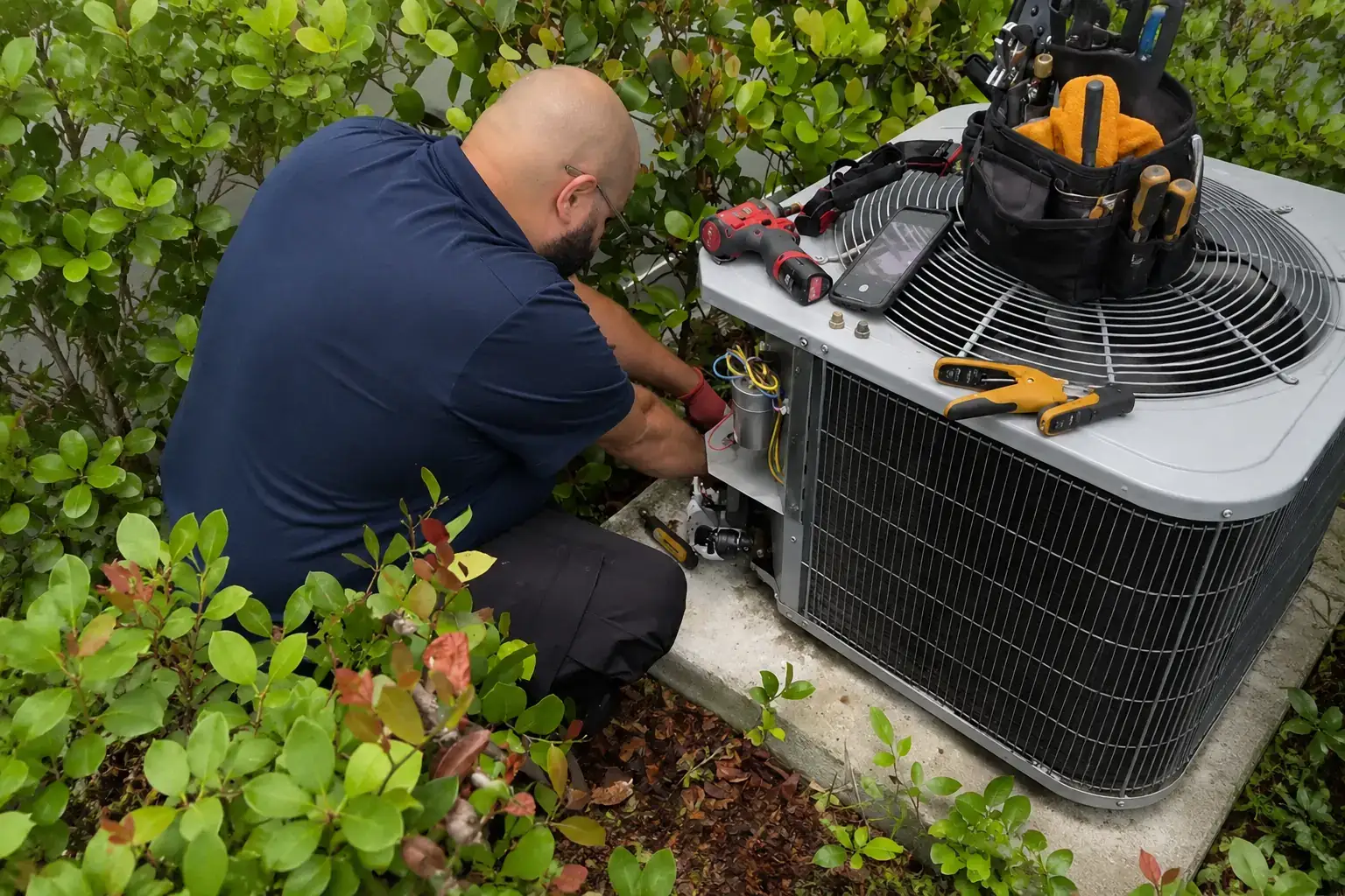 Liberty Air and Electric tech replacing a capacitor on a residential AC outdoor unit at a Florida home, with full tool kit visible on the unit.