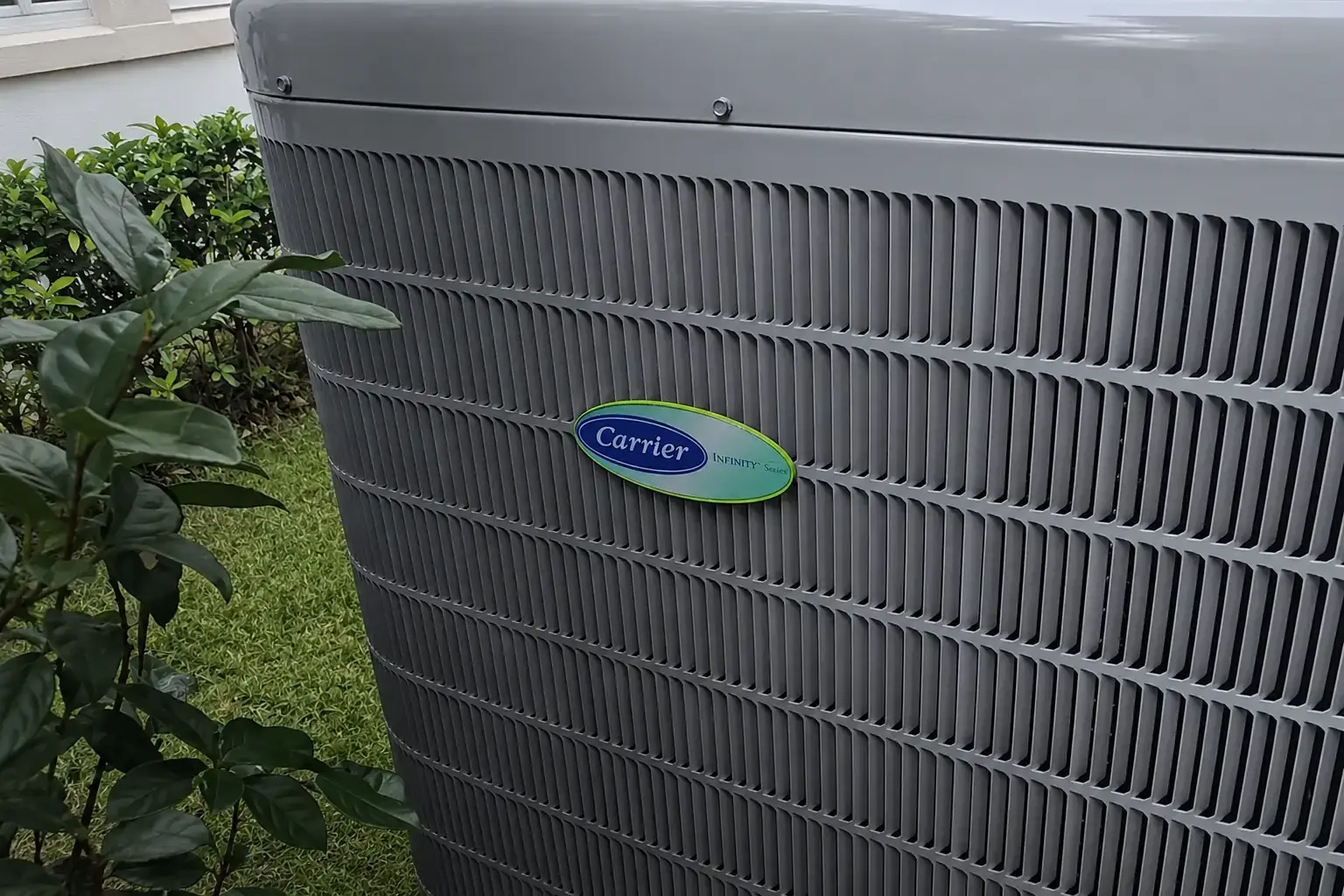 Carrier Infinity Series outdoor condenser badge close-up on a Florida residential install.