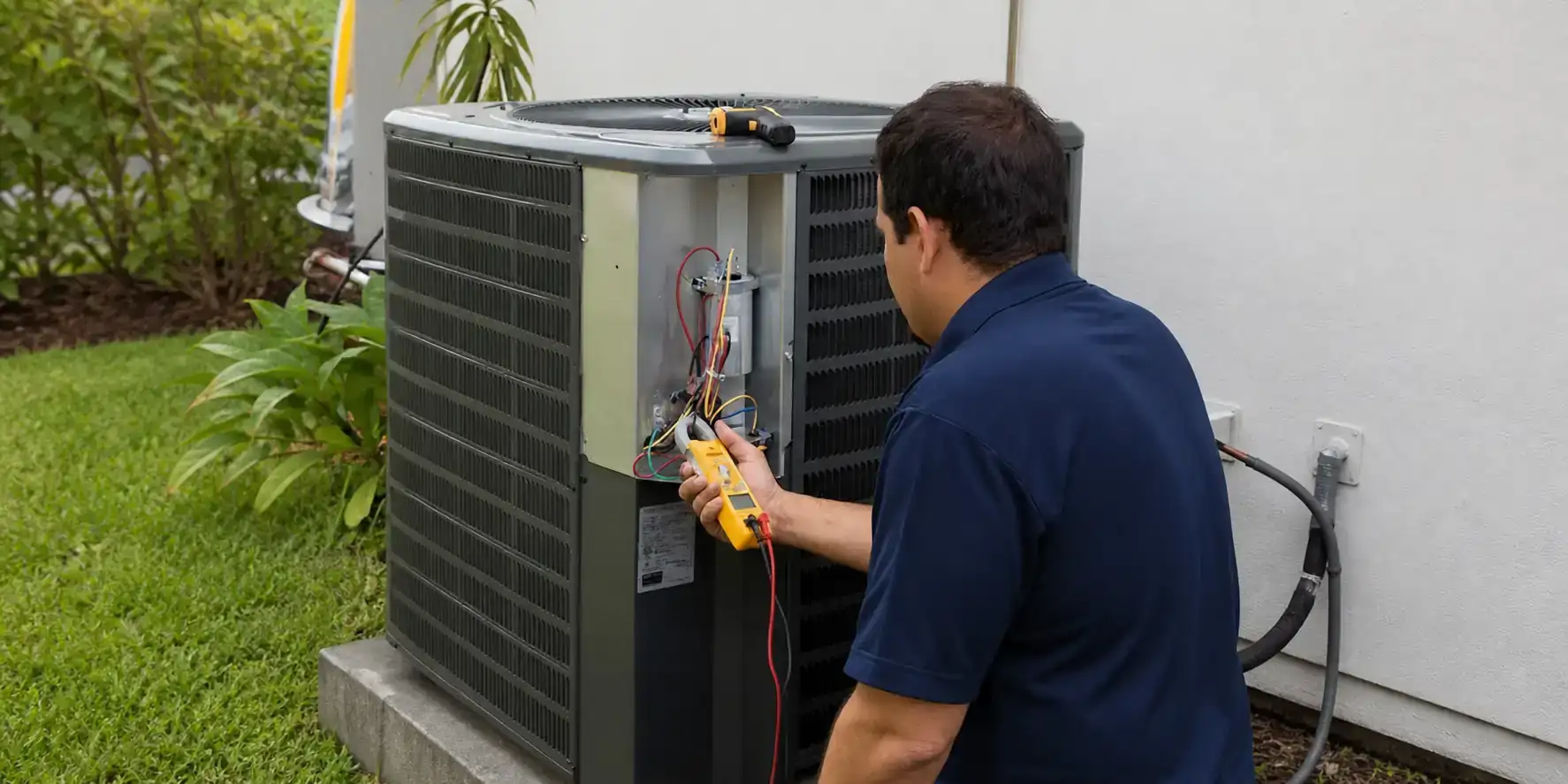 AC tech diagnosing an electrical fault on a condensing unit.
