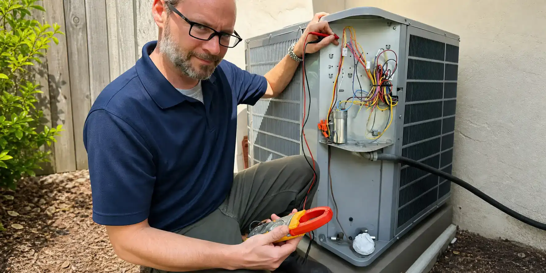 AC tech testing an AC electrical component.