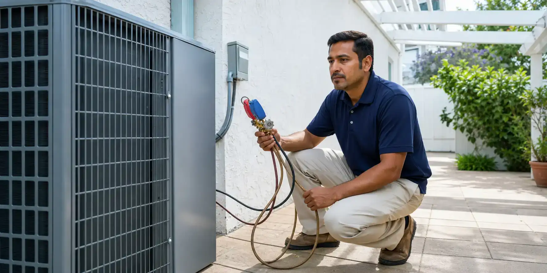 AC tech repairing a heat pump.