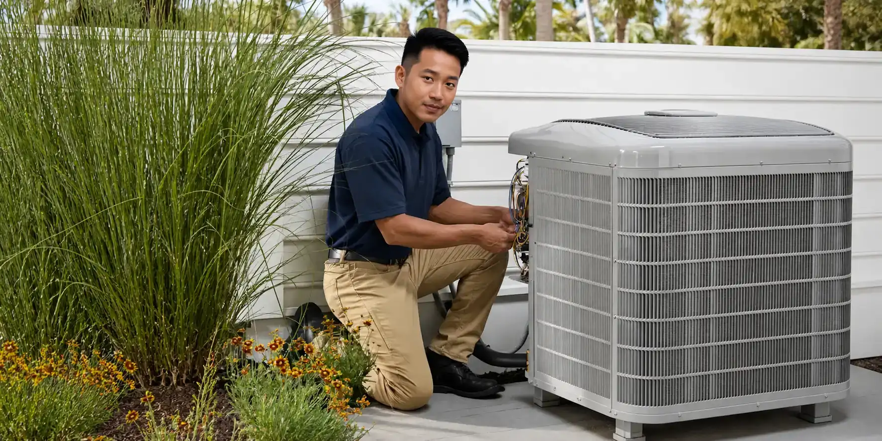 AC tech verifying a reversing valve replacement under warranty.