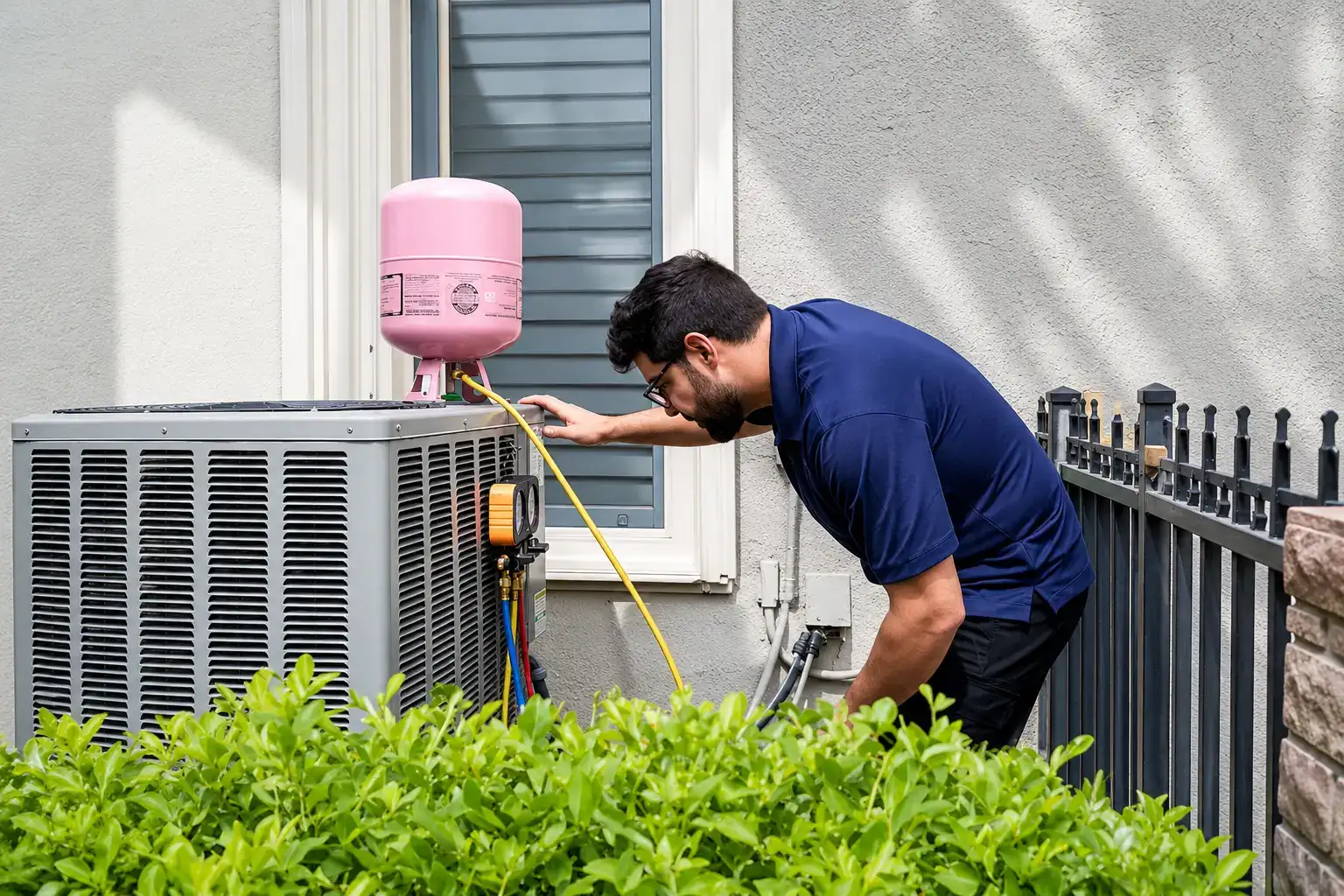 Liberty Air and Electric tech performing refrigerant service on a residential AC condenser at a Florida home, with R-410A tank and gauge set in use.