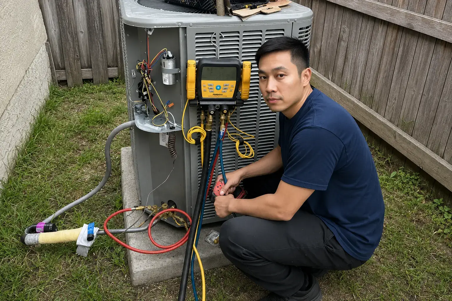 Liberty Air and Electric tech running diagnostics on a residential AC outdoor unit at a Florida home.