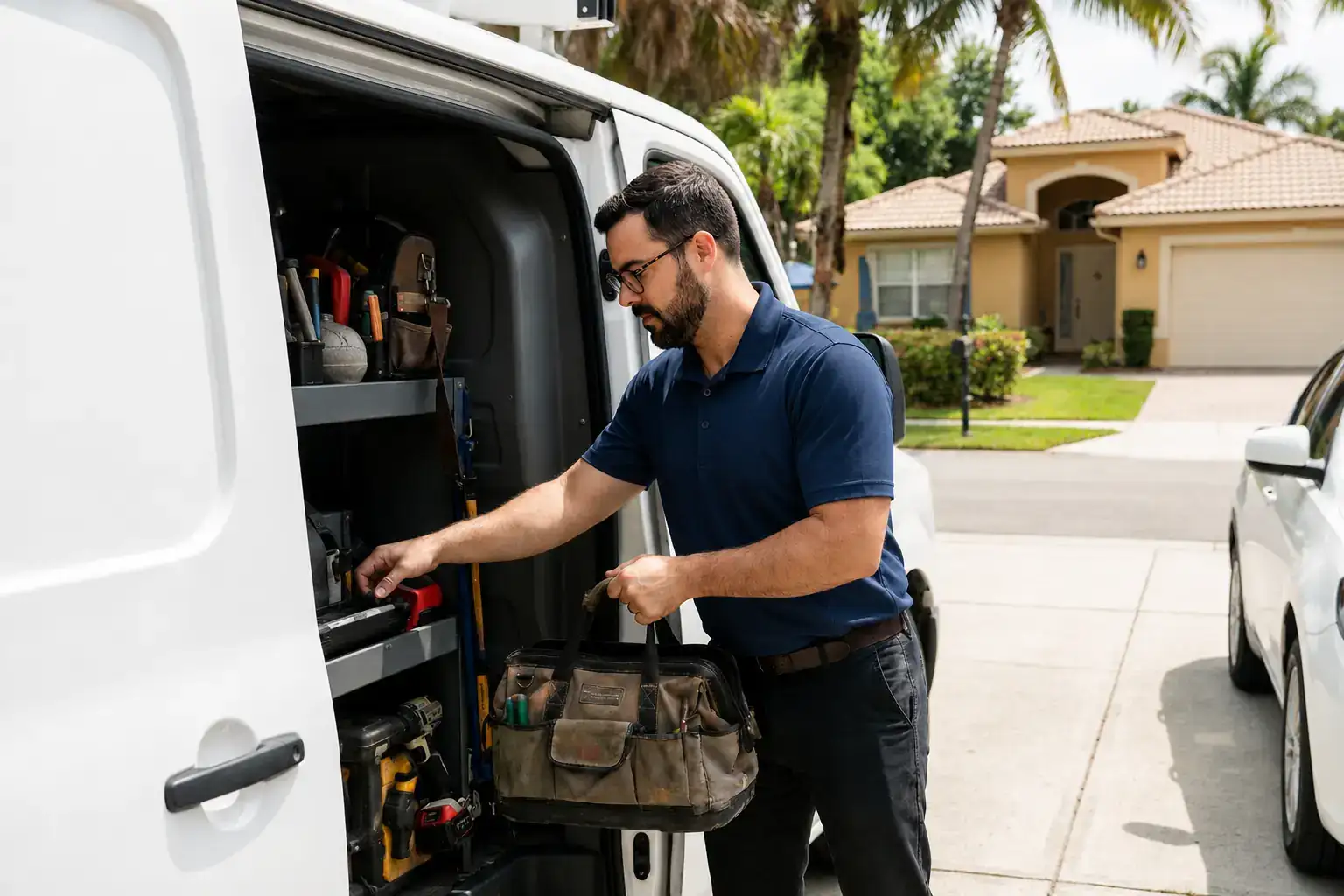 Liberty Air and Electric tech pulling tools from his service van outside a Florida home for an AC service call.
