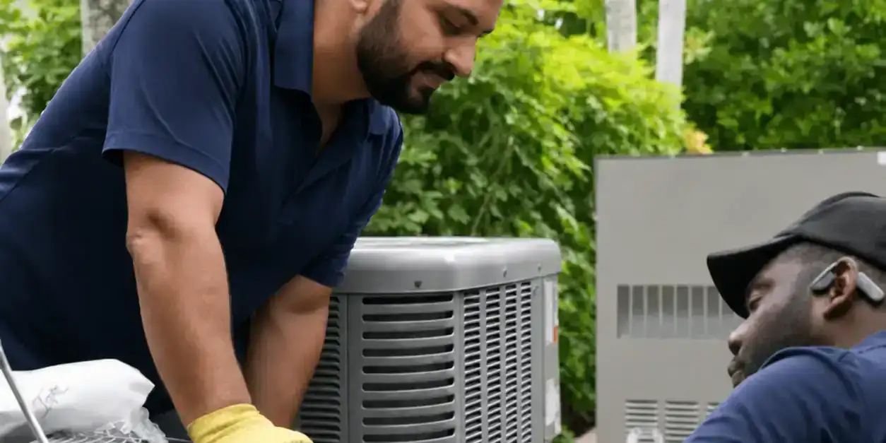 Two AC techs working on an outdoor AC condenser.