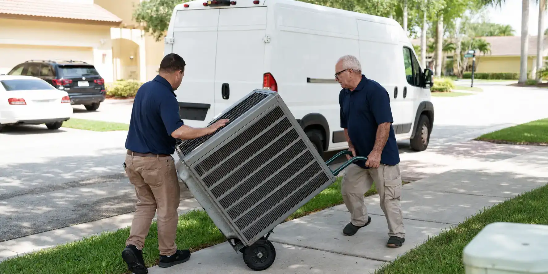 Two Liberty Air and Electric technicians wheeling a condenser unit off a hand truck next to their service van in a Wedgefield driveway.